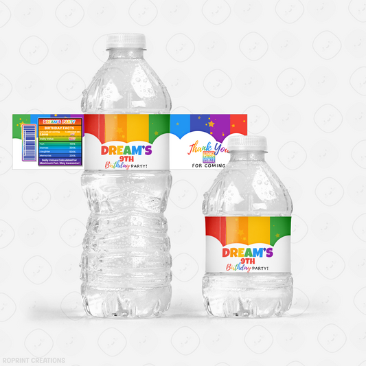 Rainbow Water Bottle Label - Editable Rainbow Printable Party Favors
Make your drinks stand out with this editable rainbow water bottle label! Customize in Canva, print, and wrap for a vibrant party touch.