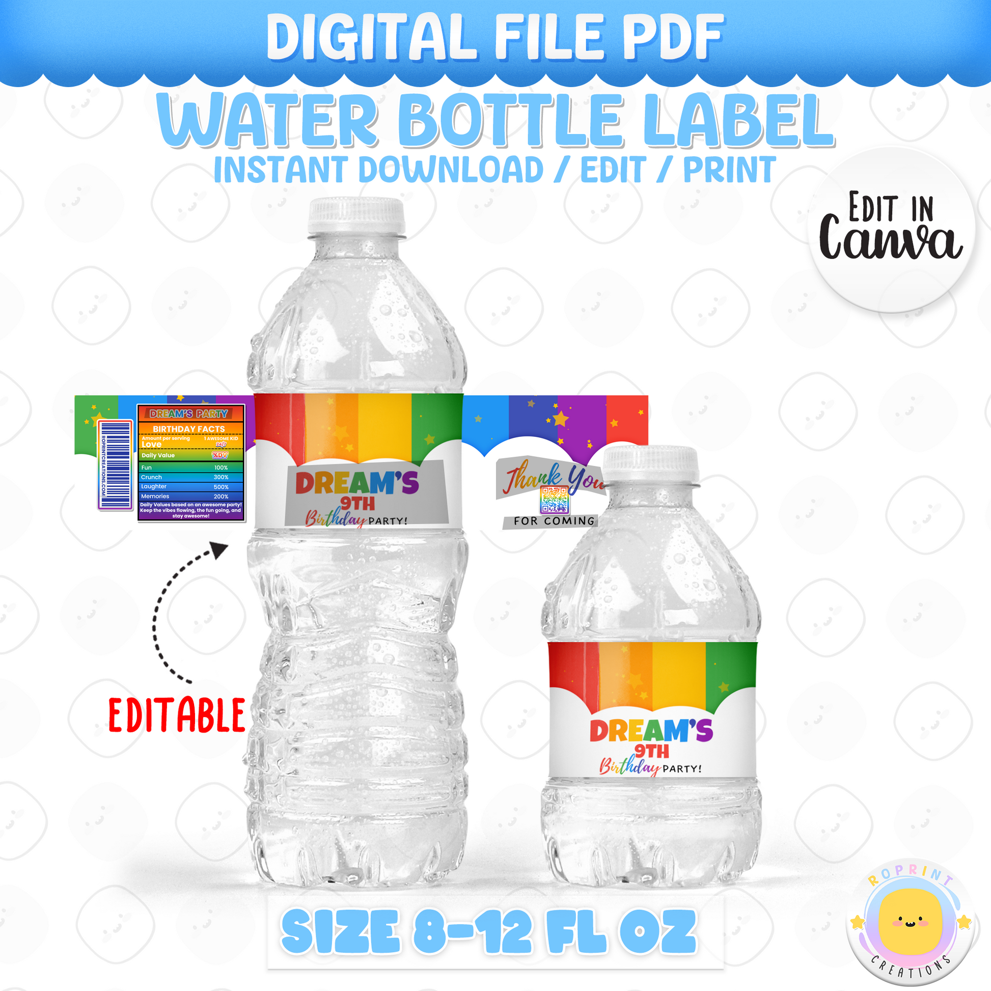 Rainbow Water Bottle Label - Editable Rainbow Printable Party Favors
Make your drinks stand out with this editable rainbow water bottle label! Customize in Canva, print, and wrap for a vibrant party touch.