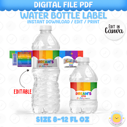 Rainbow Water Bottle Label - Editable Rainbow Printable Party Favors
Make your drinks stand out with this editable rainbow water bottle label! Customize in Canva, print, and wrap for a vibrant party touch.