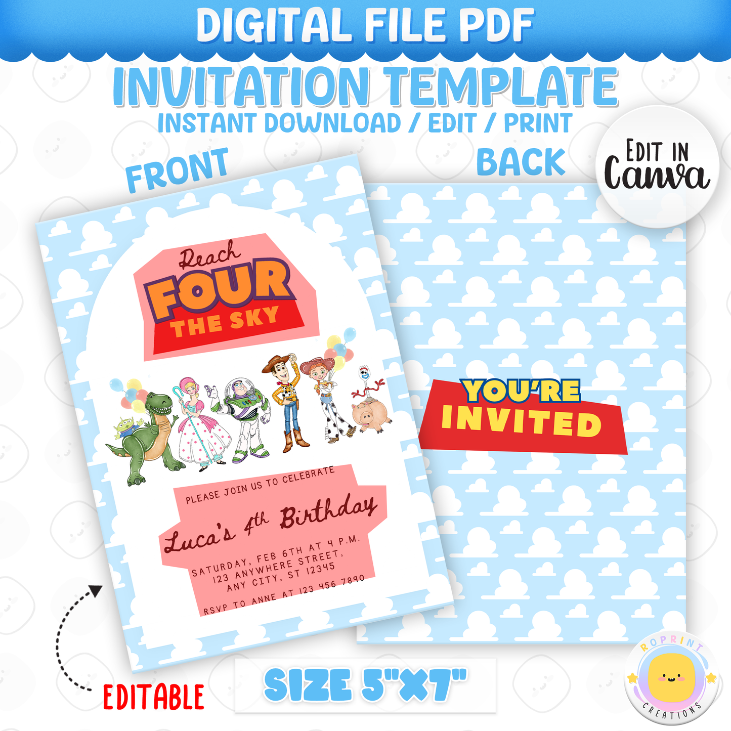 Celebrate your little one turning four with this fun Reach Four the Sky Birthday Invitation! Easily edit, download, print, or share digitally for a stress-free party invite.