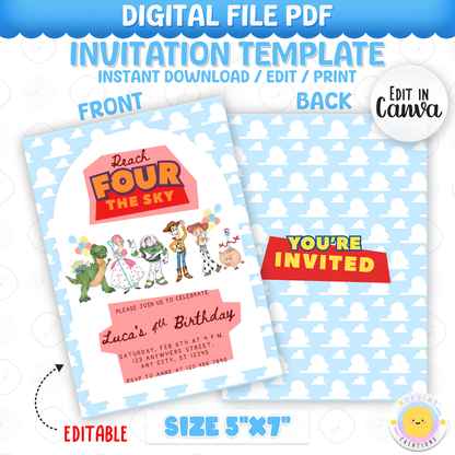 Celebrate your little one turning four with this fun Reach Four the Sky Birthday Invitation! Easily edit, download, print, or share digitally for a stress-free party invite.