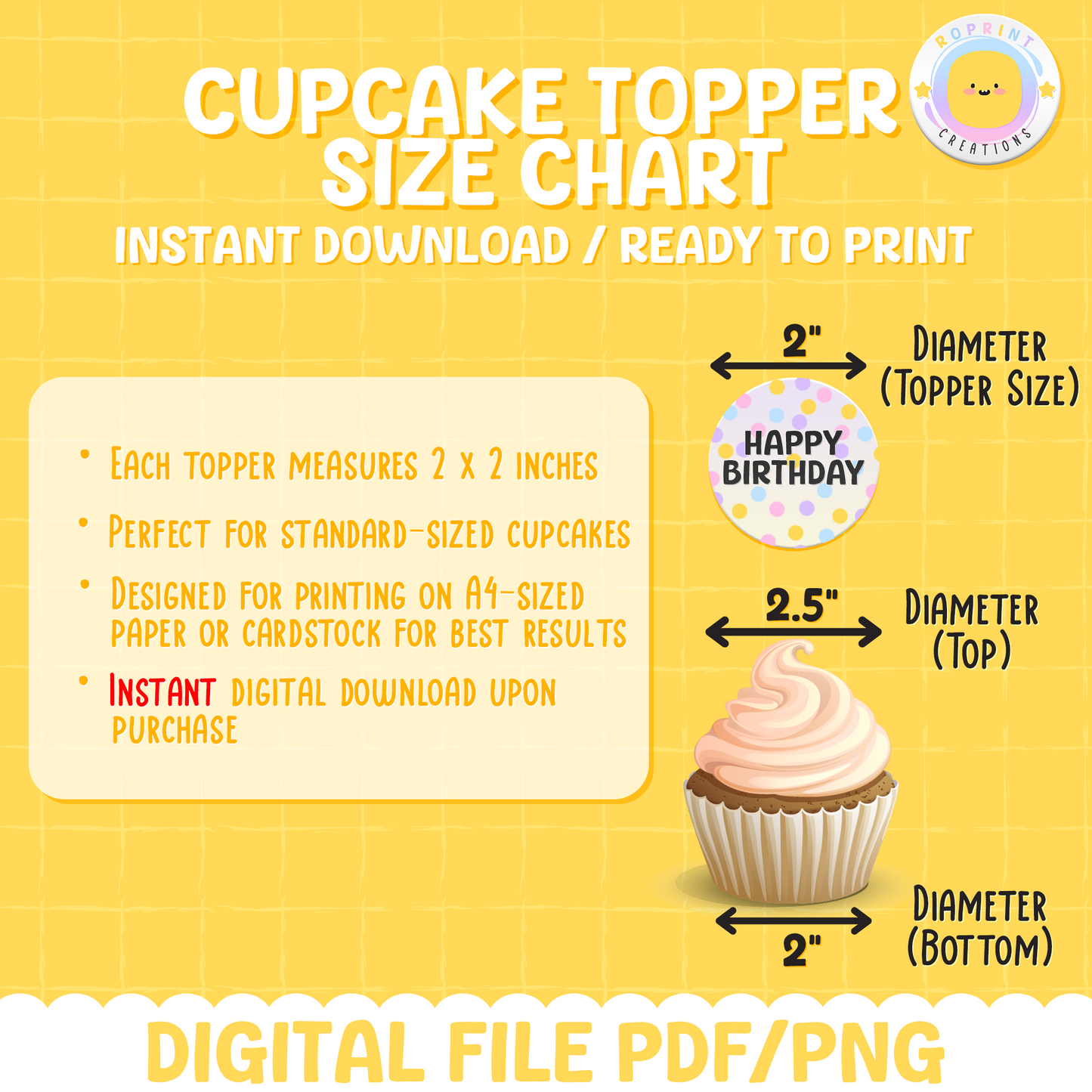 Size chart for RoPrint Creations' cupcake toppers, helping customers choose the perfect fit for their party needs.