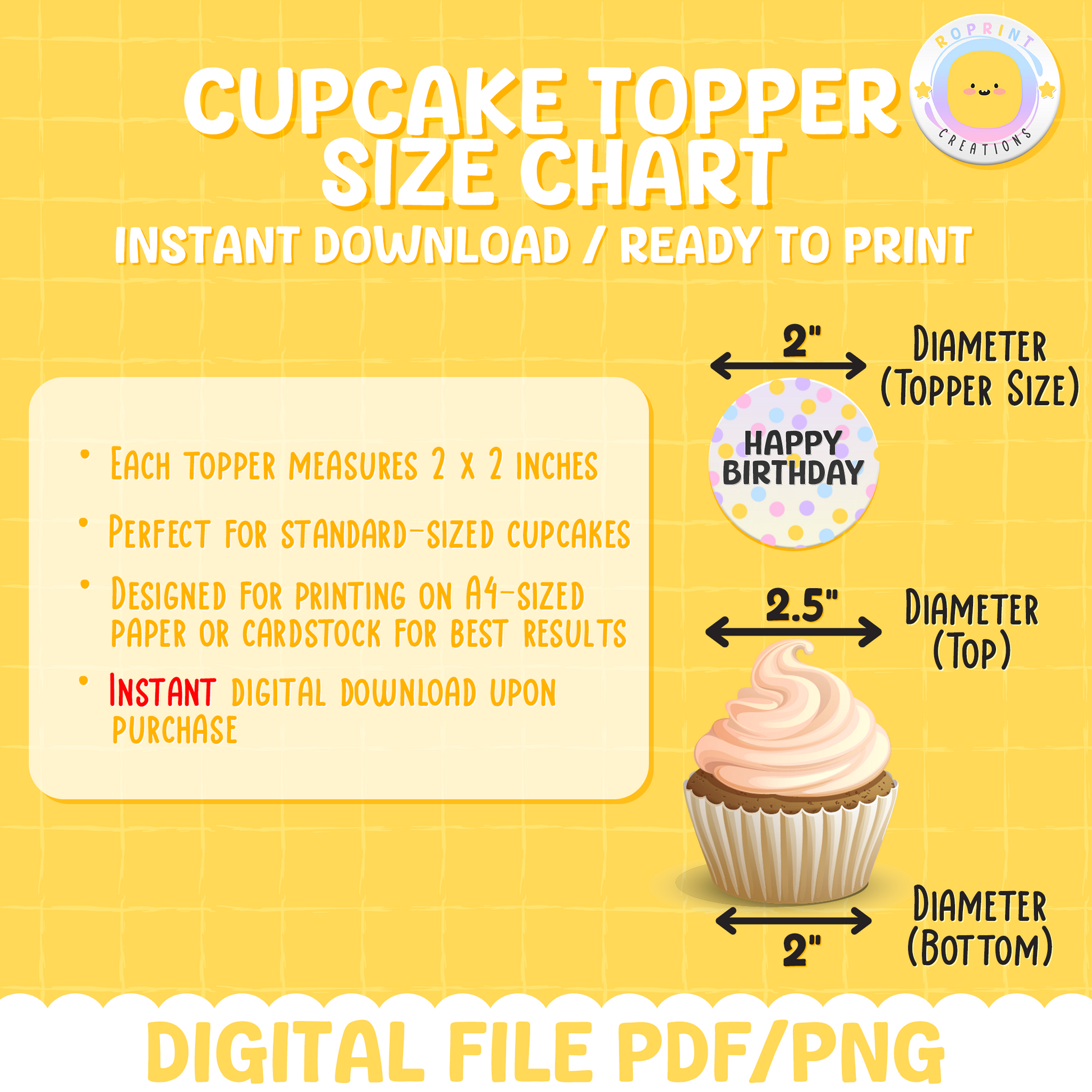 Size chart for RoPrint Creations' cupcake toppers, helping customers choose the perfect fit for their party needs.