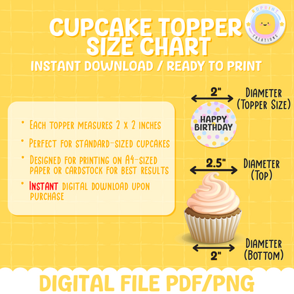 Size chart for RoPrint Creations' cupcake toppers, helping customers choose the perfect fit for their party needs.
