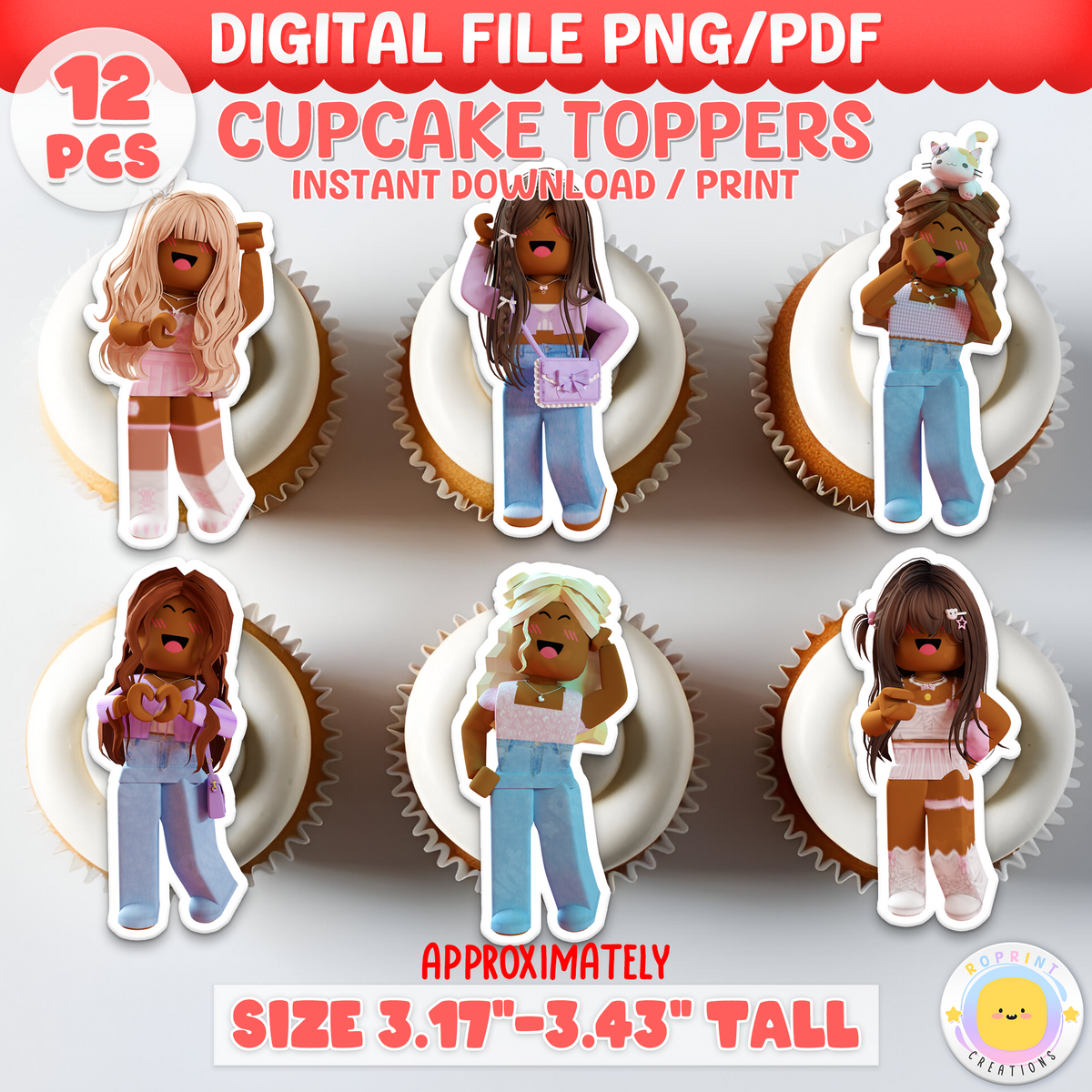 Celebrate in Roblox style with these cute African American girl cupcake toppers! Perfect for gamer-themed birthdays—just download, print, and decorate.