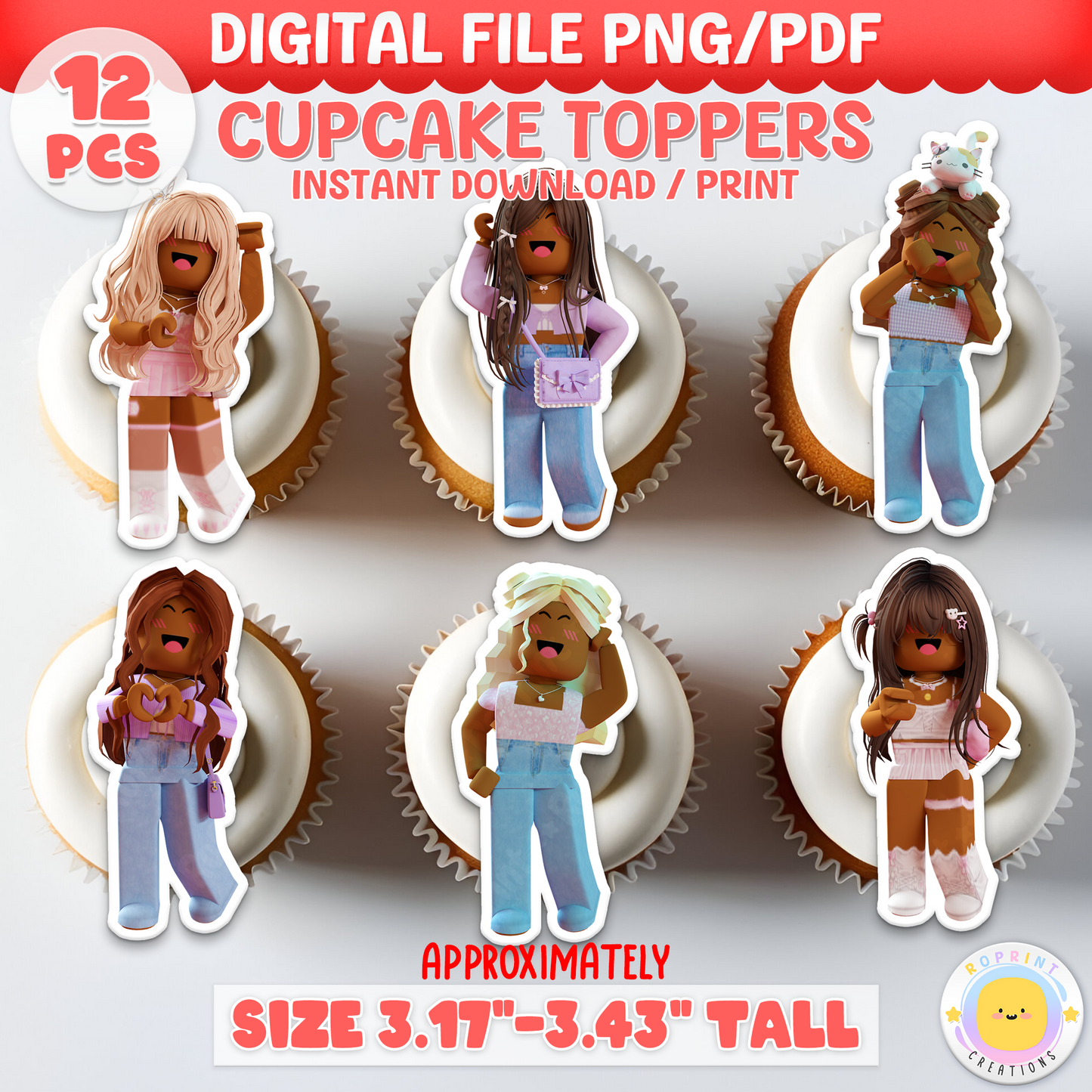 Celebrate in Roblox style with these cute African American girl cupcake toppers! Perfect for gamer-themed birthdays—just download, print, and decorate.