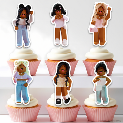 Celebrate in Roblox style with these cute African American girl cupcake toppers! Perfect for gamer-themed birthdays—just download, print, and decorate.