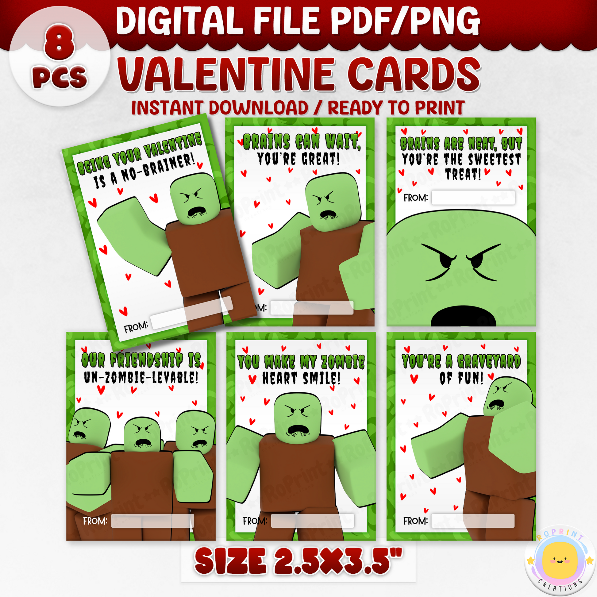 Celebrate love with these fun Roblox Zombie Valentine Cards! Instantly download, print, and share a playful touch of spooky joy. Digital file only.