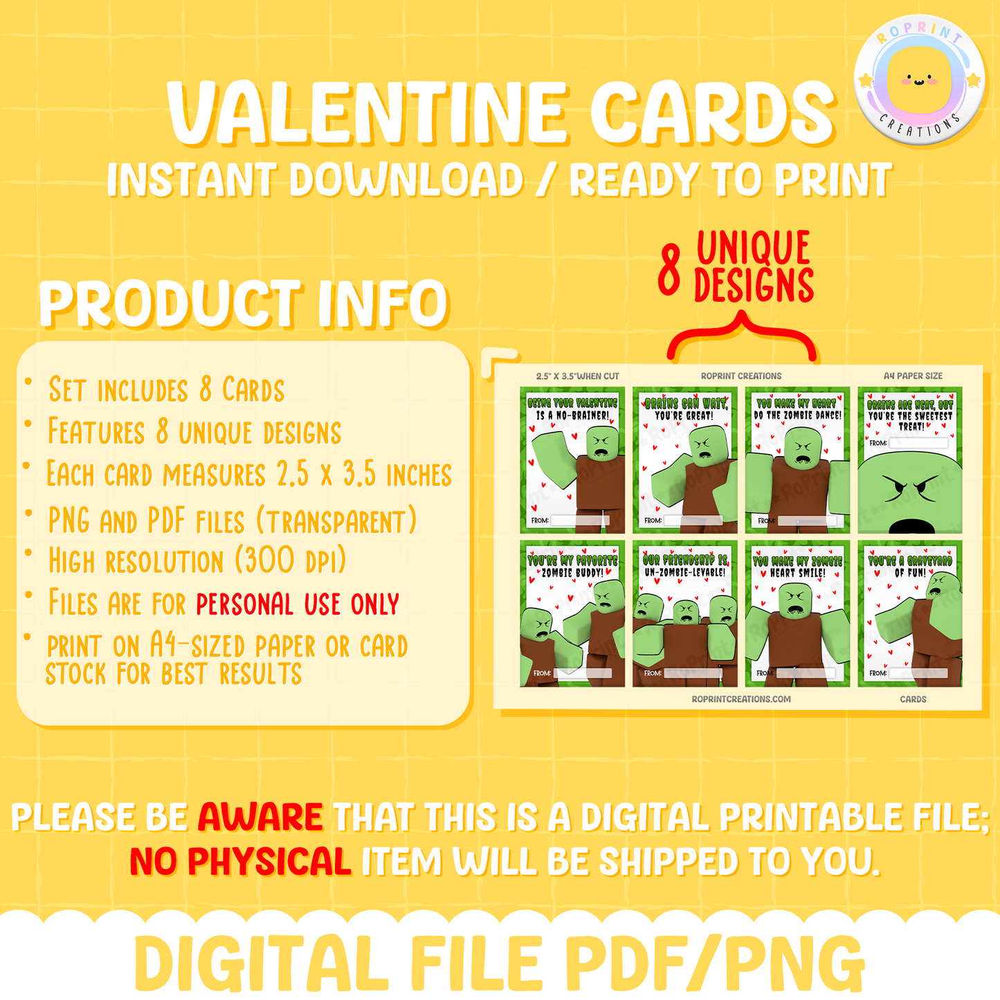 Celebrate love with these fun Roblox Zombie Valentine Cards! Instantly download, print, and share a playful touch of spooky joy. Digital file only.