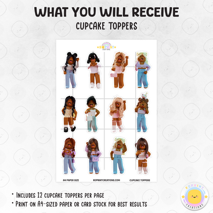 Celebrate in Roblox style with these cute African American girl cupcake toppers! Perfect for gamer-themed birthdays—just download, print, and decorate.