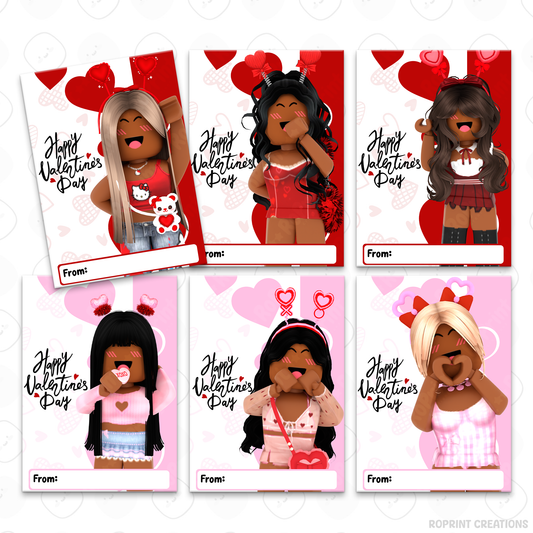 Roblox African American Valentine cards for girls, printable classroom Valentine exchange cards with kid-friendly Roblox designs