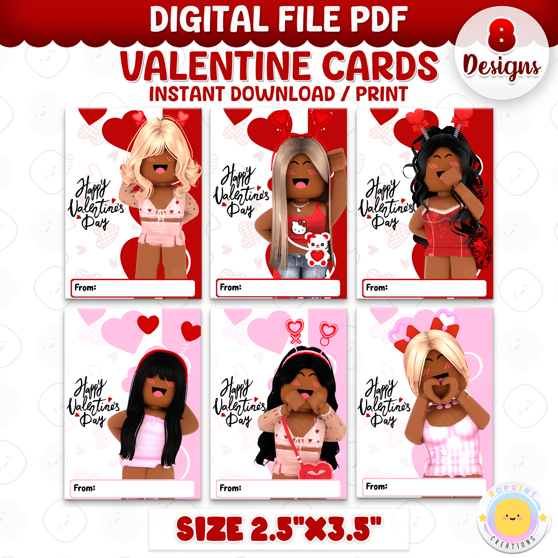 Roblox African American Valentine cards for girls, printable classroom Valentine exchange cards with kid-friendly Roblox designs
