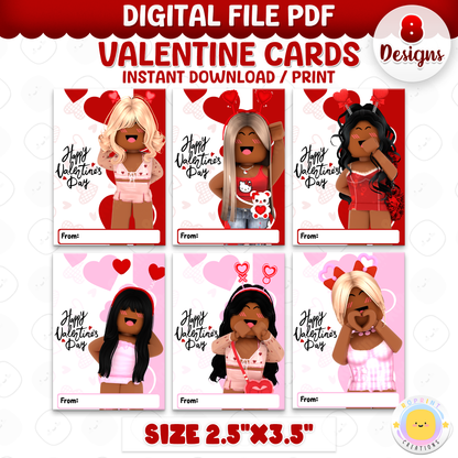 Roblox African American Valentine cards for girls, printable classroom Valentine exchange cards with kid-friendly Roblox designs