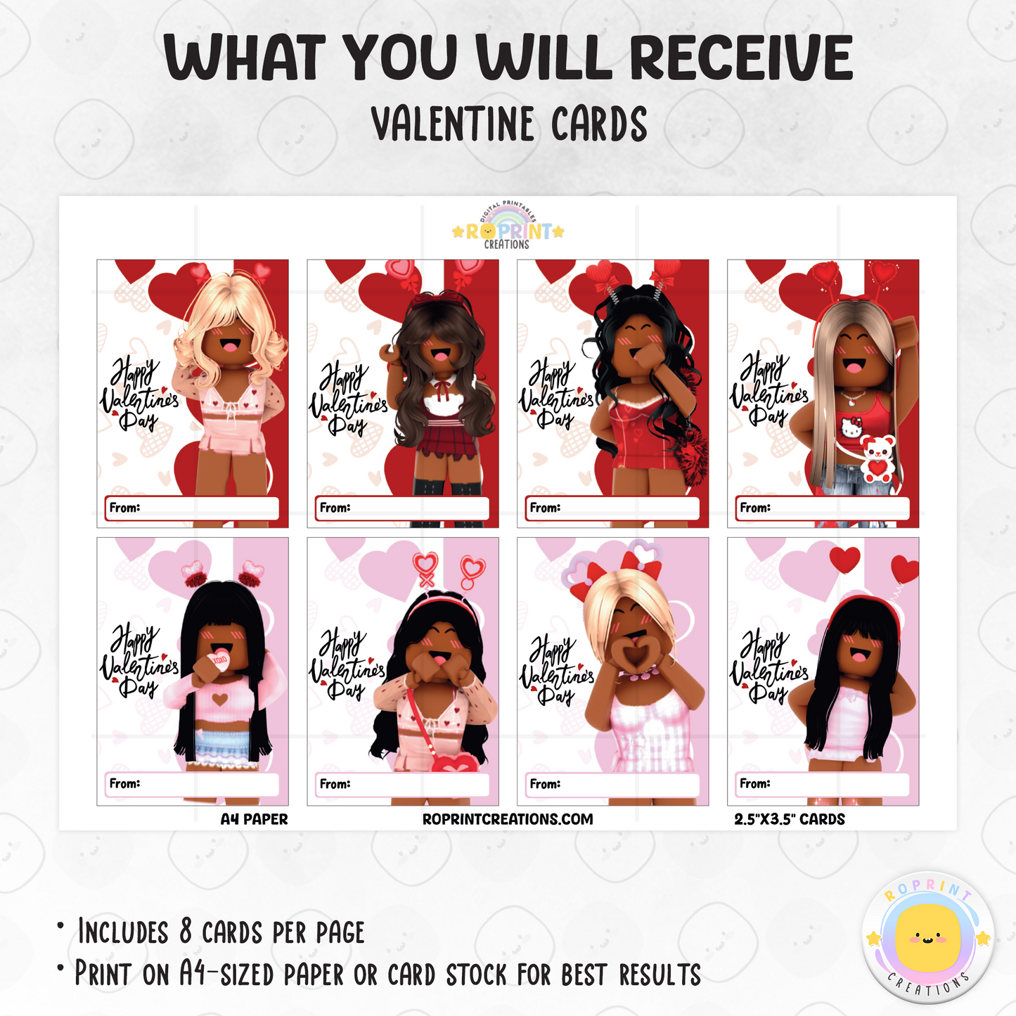 Roblox African American Valentine cards for girls, printable classroom Valentine exchange cards with kid-friendly Roblox designs