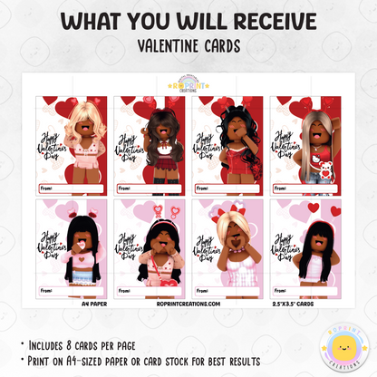Roblox African American Valentine cards for girls, printable classroom Valentine exchange cards with kid-friendly Roblox designs