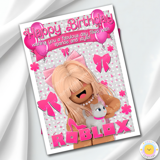 Digital printable Roblox Barbie inspired birthday card, perfect for a fun and stylish kids' birthday celebration.