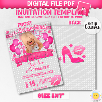 Digital printable birthday invitation template inspired by Roblox and Barbie, perfect for a themed celebration.