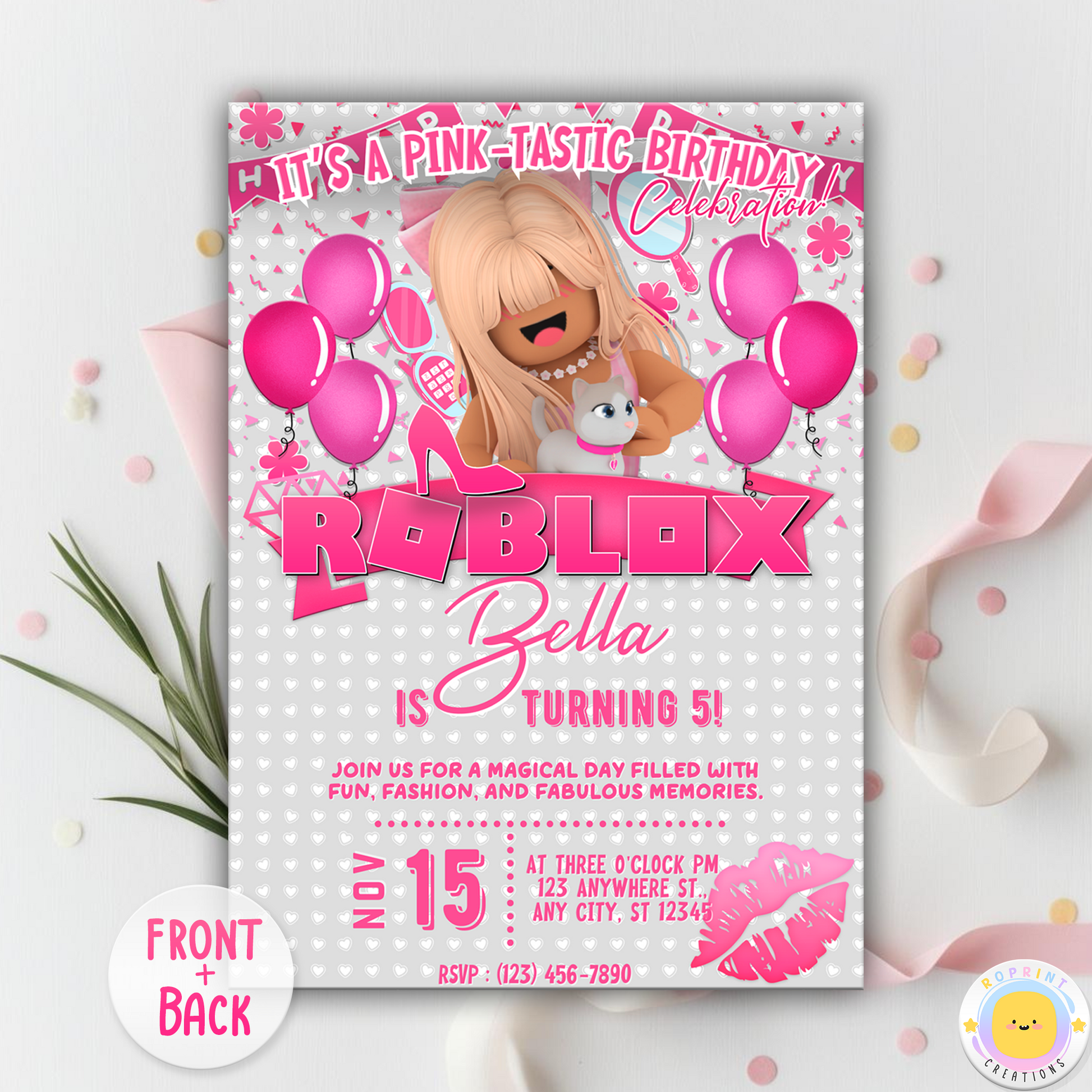 Digital printable birthday invitation template inspired by Roblox and Barbie, perfect for a themed celebration.