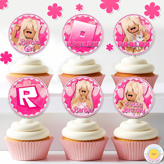 Digital printable Roblox Barbie inspired cupcake toppers, perfect for a themed kids' birthday party.