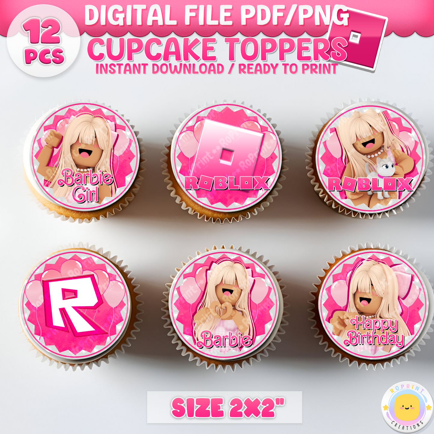 Digital printable Roblox Barbie inspired cupcake toppers, perfect for a themed kids' birthday party.