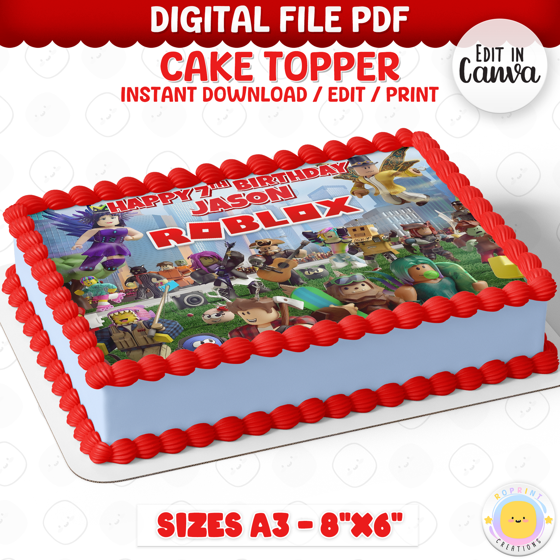 Roblox birthday cake topper, editable gamer party cake topper for kids birthday