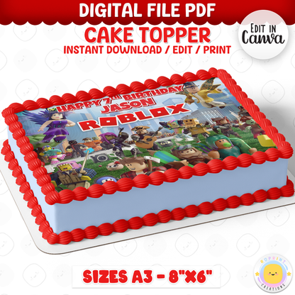 Roblox birthday cake topper, editable gamer party cake topper for kids birthday