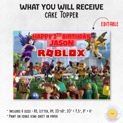 Roblox birthday cake topper, editable gamer party cake topper for kids birthday