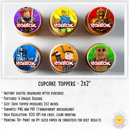 Roblox Cupcake Toppers - Roblox Birthday Cupcake Toppers. Add a fun touch to your celebration with these Roblox Cupcake Toppers! Instantly download, print, and assemble for a unique party decoration. These toppers can also be printed on edible paper or sticker paper to create fun stickers. Digital file only.