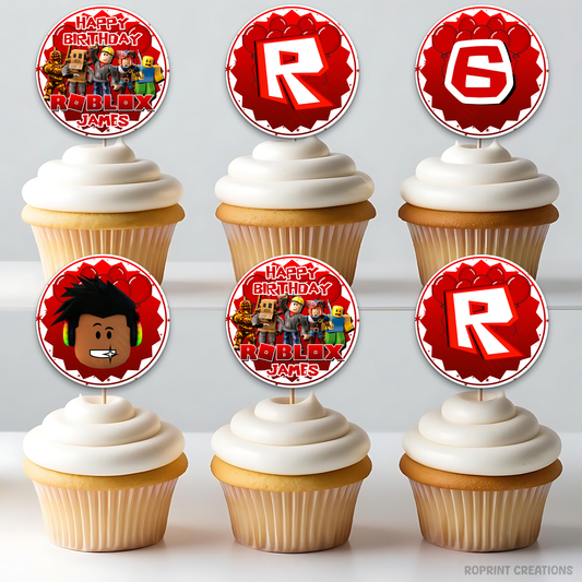 Celebrate in Roblox style with these African American gamer cupcake toppers! Perfect for birthday parties—download, print on cardstock or edible paper, and decorate your treats with ease. Digital file only.