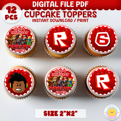 Celebrate in Roblox style with these African American gamer cupcake toppers! Perfect for birthday parties—download, print on cardstock or edible paper, and decorate your treats with ease. Digital file only.