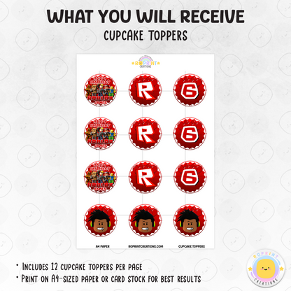 Celebrate in Roblox style with these African American gamer cupcake toppers! Perfect for birthday parties—download, print on cardstock or edible paper, and decorate your treats with ease. Digital file only.