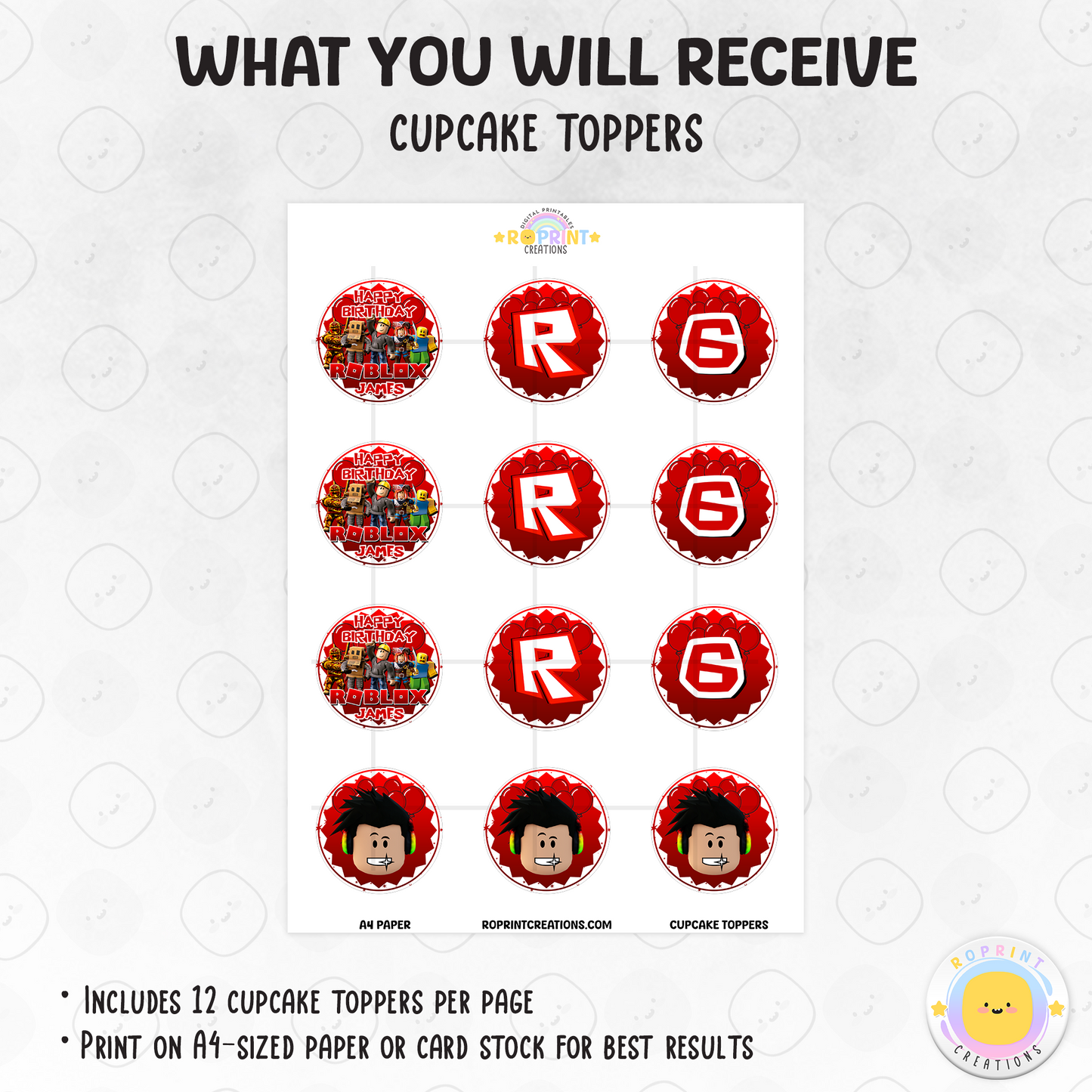 Level up your party treats with these Roblox birthday cupcake toppers! Perfect for gamer-themed celebrations—download, print on cardstock or edible paper, and decorate your cupcakes with ease. Digital file only.