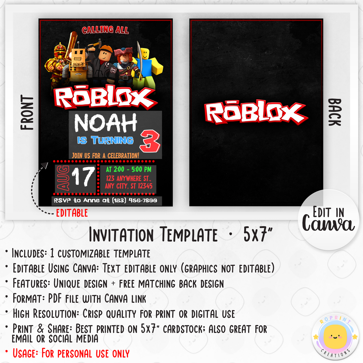 Roblox Birthday Invitation - Personalized Kids Party Invite