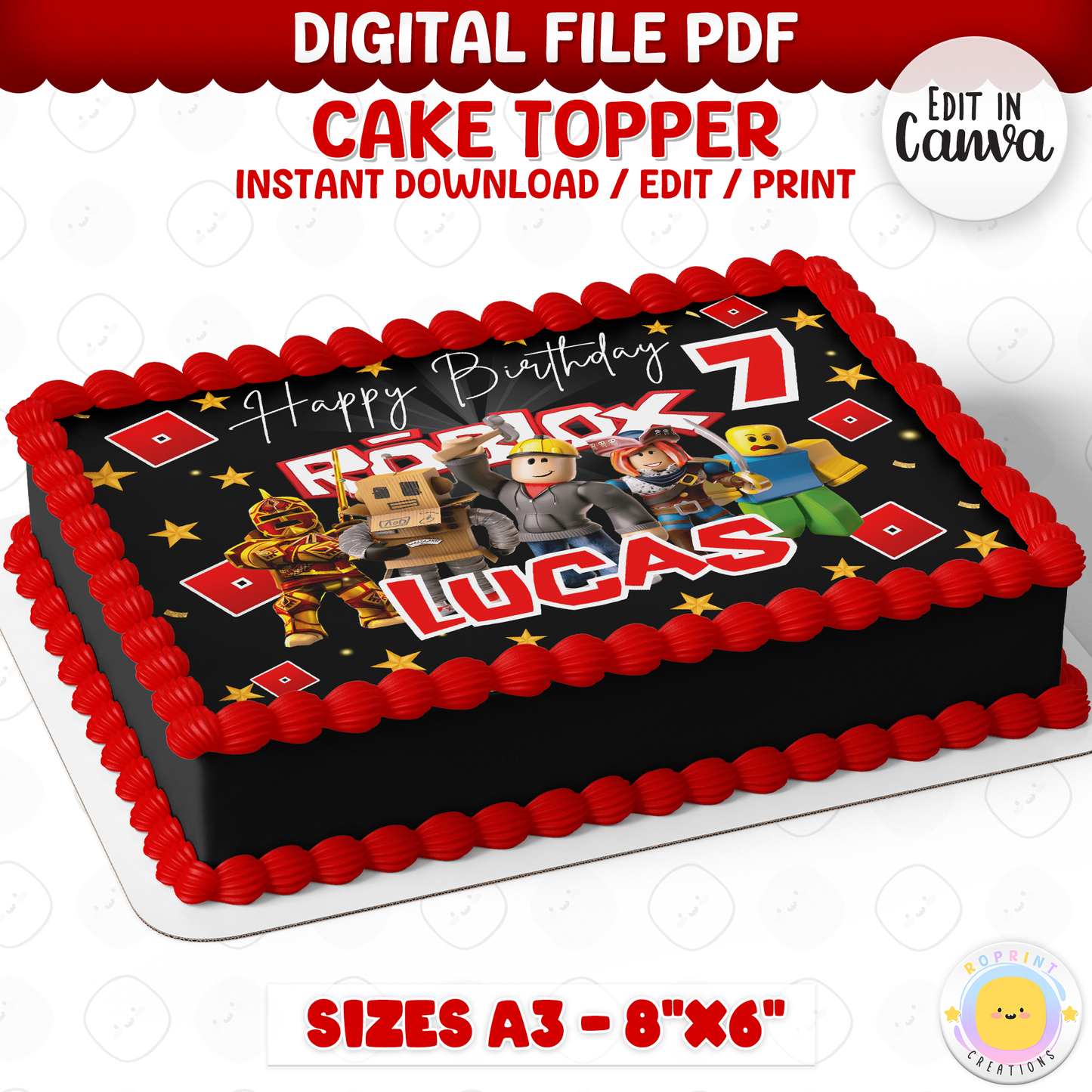 Level up your birthday celebration with this Roblox-themed cake topper! Printable and perfect for decorating gamer-inspired party cakes. 🎮🎂