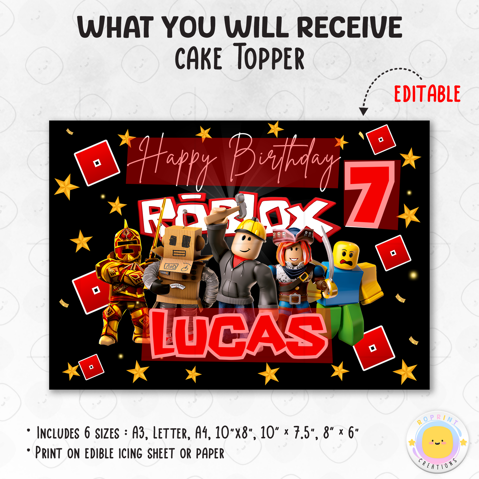 Level up your birthday celebration with this Roblox-themed cake topper! Printable and perfect for decorating gamer-inspired party cakes. 🎮🎂
