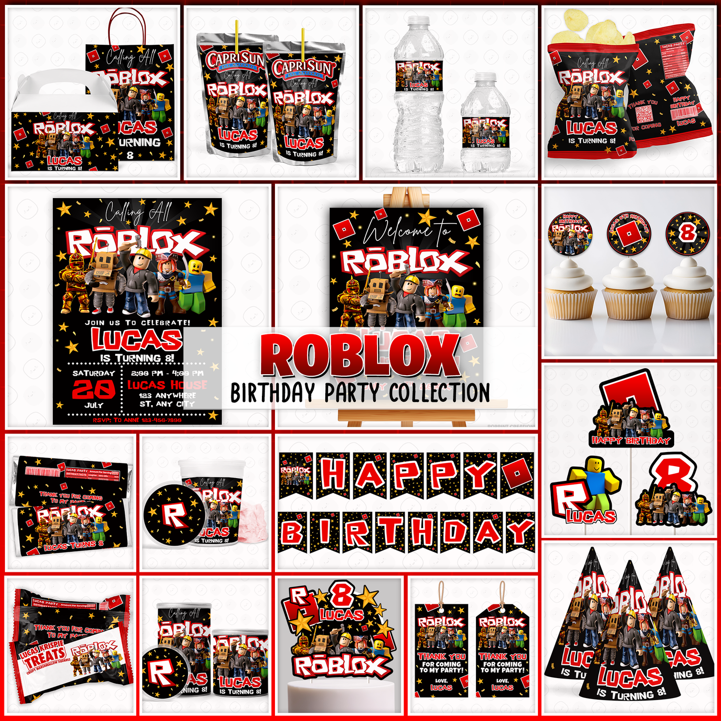 Level up your celebration with this Roblox Birthday Party Collection! Choose from editable party favors and decor, personalize in Canva, then print at home or use professionally for a gamer-themed birthday experience.