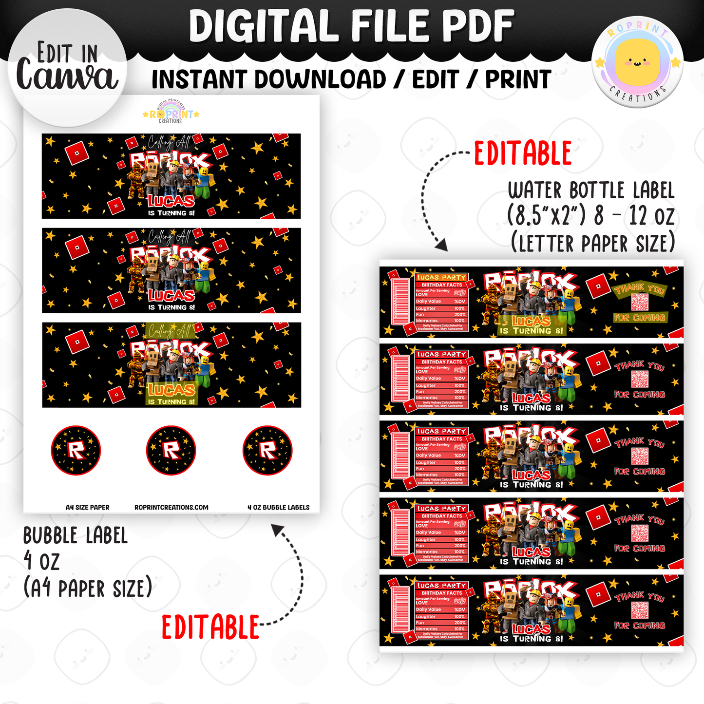 Level up your celebration with this Roblox Birthday Party Collection! Choose from editable party favors and decor, personalize in Canva, then print at home or use professionally for a gamer-themed birthday experience.