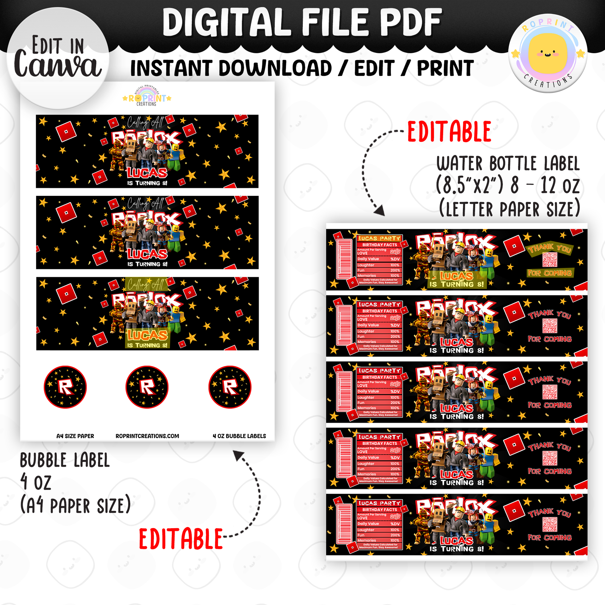 Level up your celebration with this Roblox Birthday Party Collection! Choose from editable party favors and decor, personalize in Canva, then print at home or use professionally for a gamer-themed birthday experience.