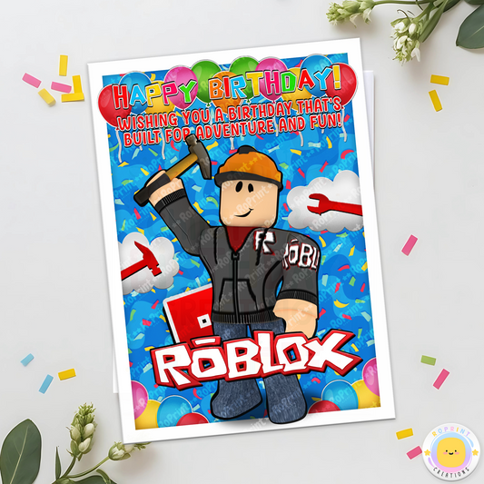 Digital printable Roblox Builderman inspired birthday card, perfect for a themed kids' birthday party.