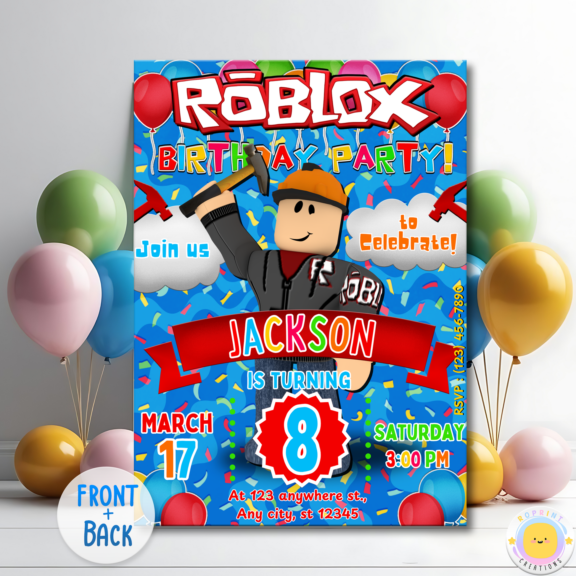 Digital printable birthday invitation featuring a Roblox Builderman theme, perfect for a themed party.