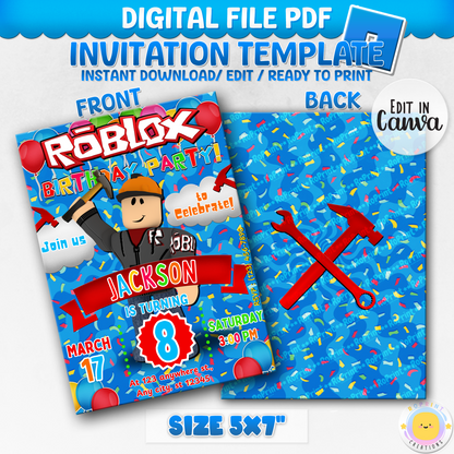 Digital printable birthday invitation featuring a Roblox Builderman theme, perfect for a themed party.