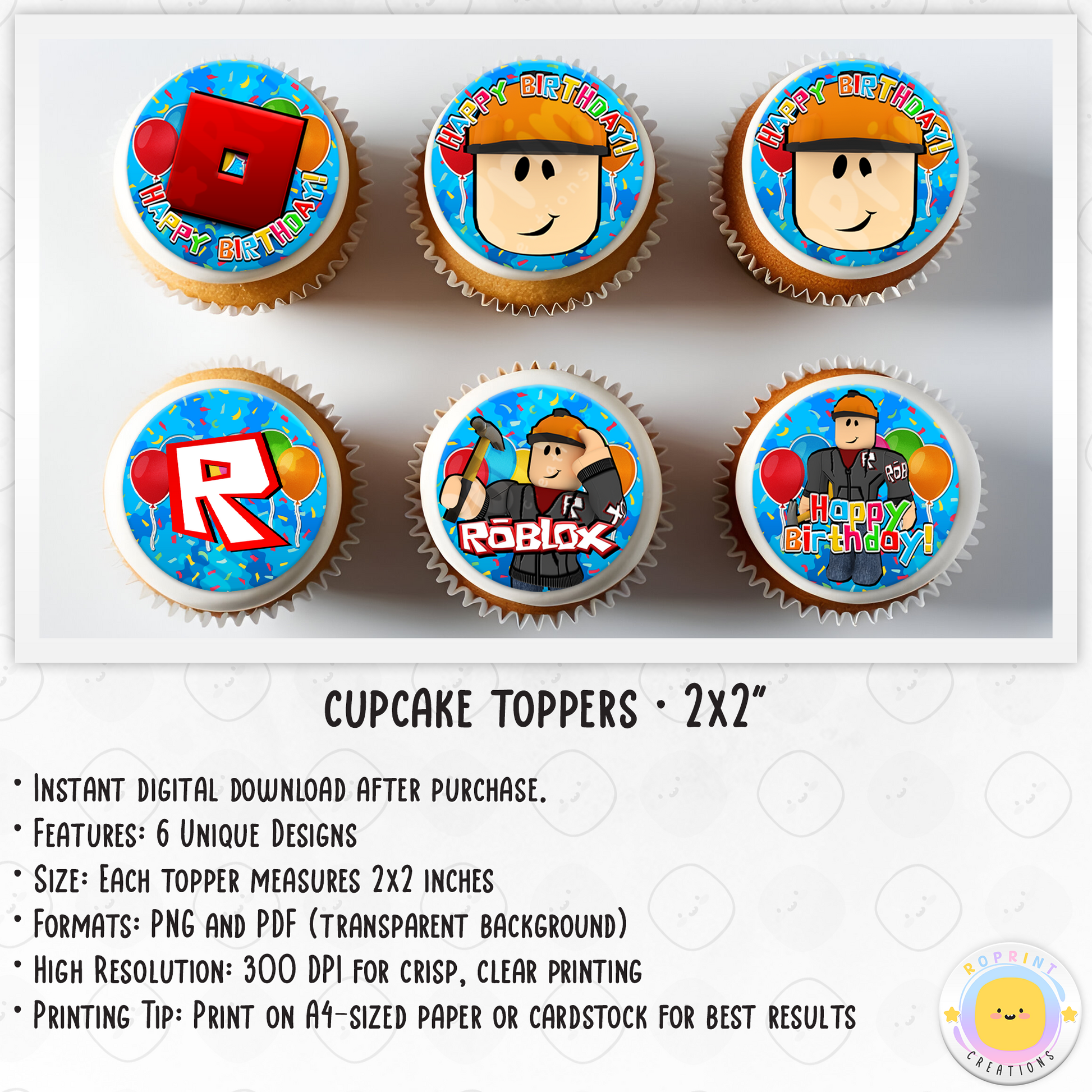 Roblox Builderman Cupcake Toppers - Roblox Birthday Cupcake Toppers
Add a fun touch to your celebration with these Roblox Builderman Cupcake Toppers! Instantly download, print, and assemble for a unique party decoration. These toppers can also be printed on edible paper or sticker paper to create fun stickers. Digital file only.
