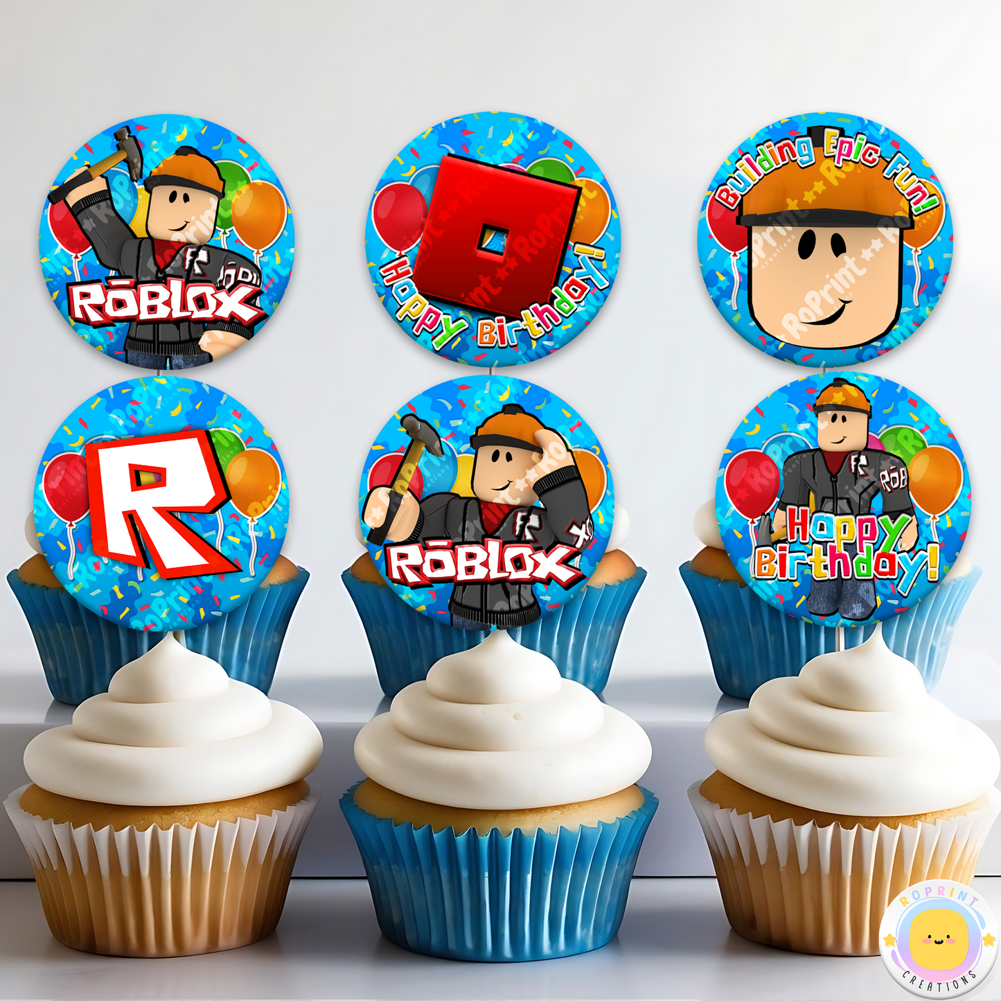 Digital printable Roblox Builderman inspired cupcake toppers, perfect for a Roblox-themed kids' birthday party.