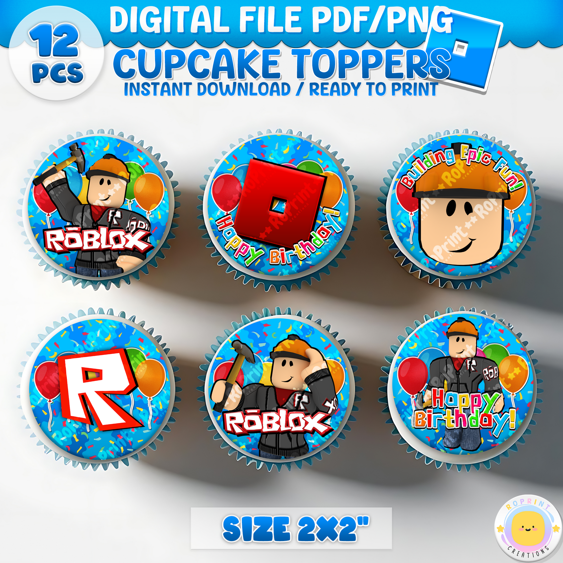 Digital printable Roblox Builderman inspired cupcake toppers, perfect for a Roblox-themed kids' birthday party.