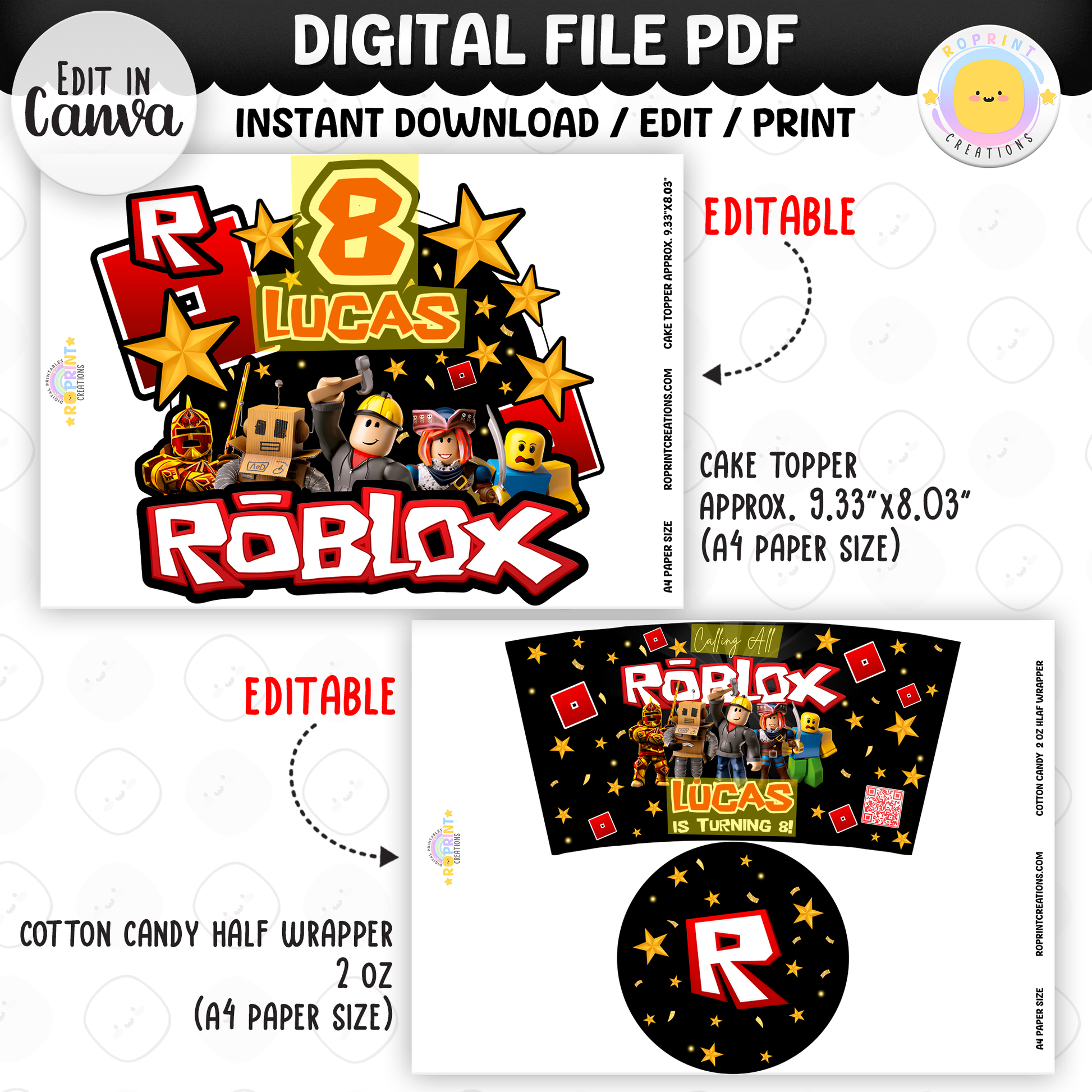 Level up your celebration with this Roblox Birthday Party Collection! Choose from editable party favors and decor, personalize in Canva, then print at home or use professionally for a gamer-themed birthday experience.