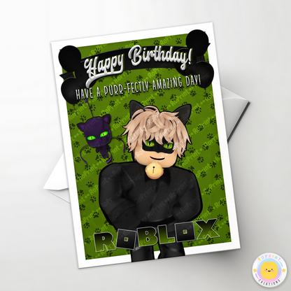 Digital printable Roblox Cat Noir inspired birthday card, ideal for a themed kids' celebration.