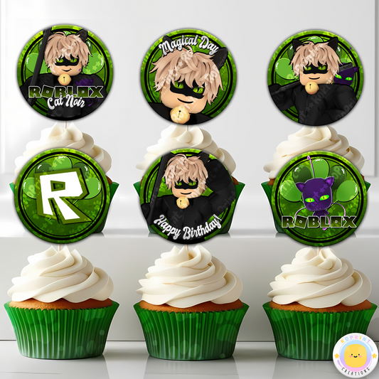 Digital printable Roblox Cat Noir inspired cupcake toppers, ideal for a superhero-themed kids' birthday party.