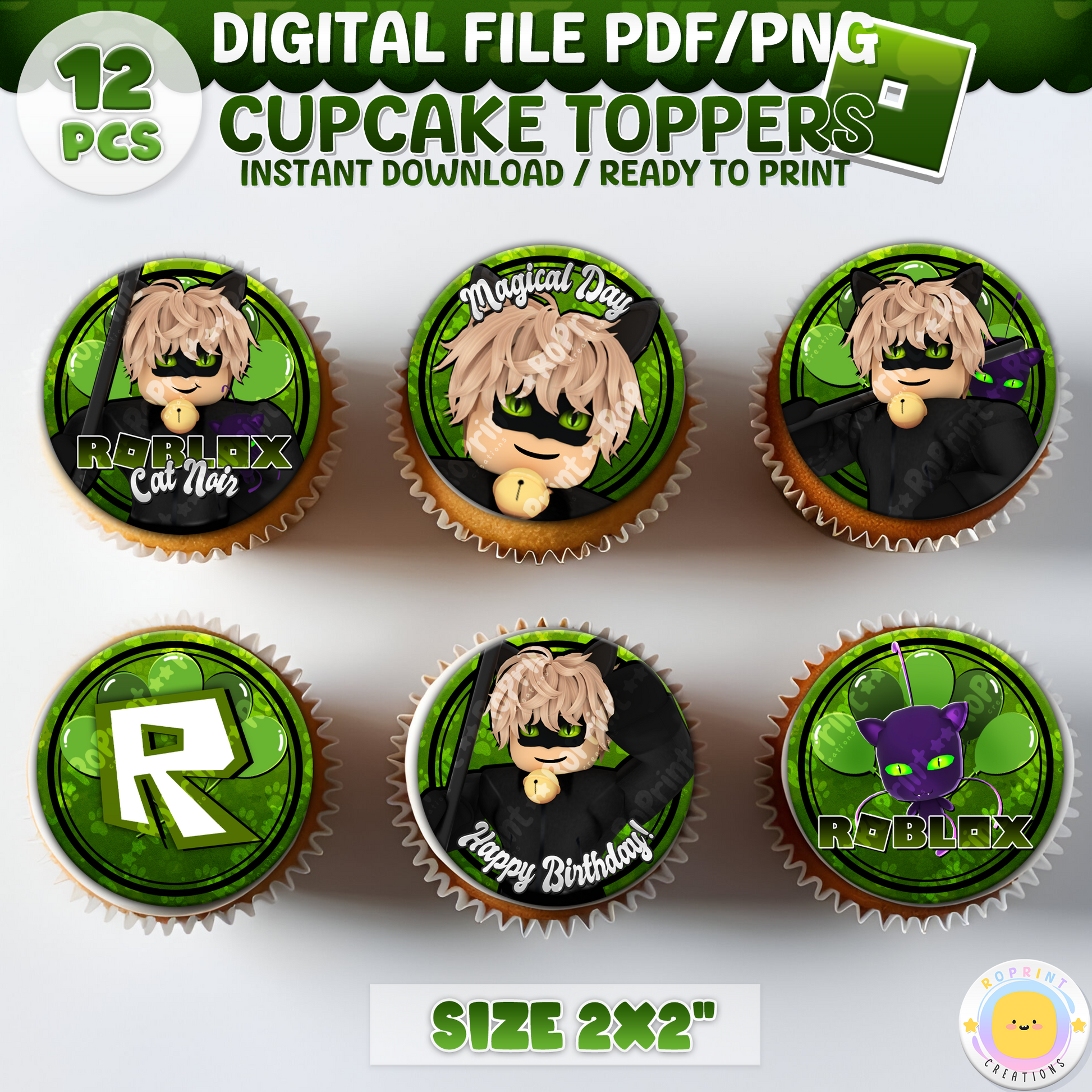 Digital printable Roblox Cat Noir inspired cupcake toppers, ideal for a superhero-themed kids' birthday party.