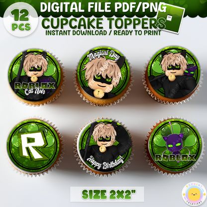 Digital printable Roblox Cat Noir inspired cupcake toppers, ideal for a superhero-themed kids' birthday party.