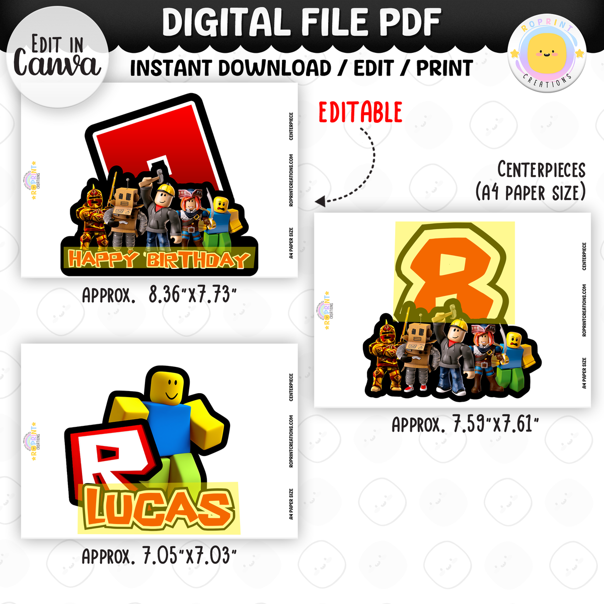 Level up your celebration with this Roblox Birthday Party Collection! Choose from editable party favors and decor, personalize in Canva, then print at home or use professionally for a gamer-themed birthday experience.